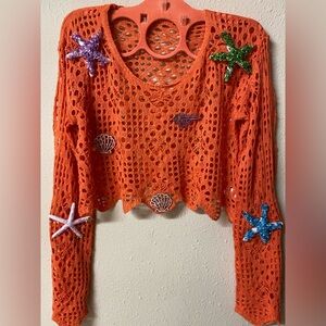 Orange Crochet Starfish Embellished Top